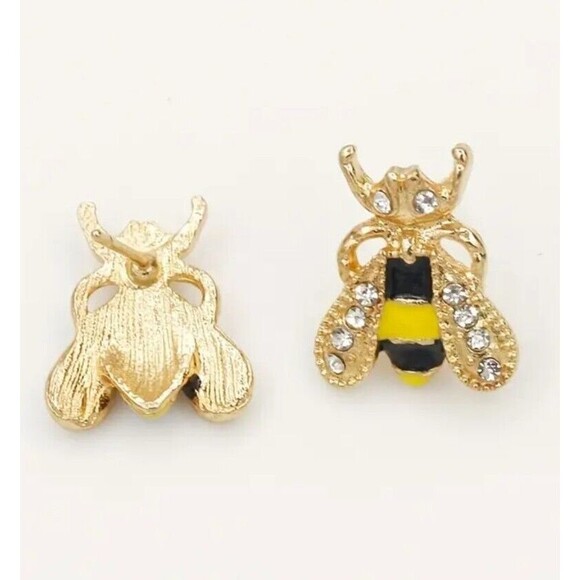 BEE Gold Black Yellow Enamel BEES Rhinestone Wings Eyes - Picture 4 of 4